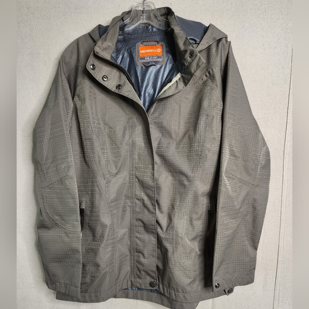 Merrell Green Rain Jacket Hooded Waterproof Plaid Print Women’s Medium